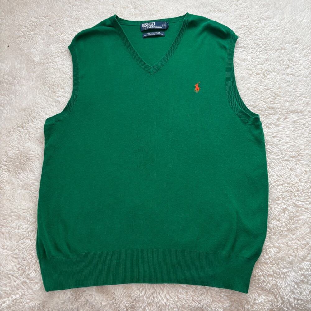 Polo Ralph Lauren Mens VNeck Sweater Vest Green Pima Cotton M Career Office Wear